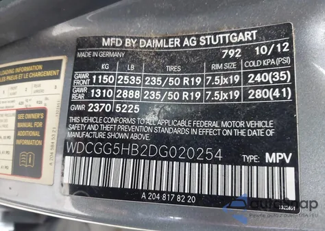 2013 Mercedes-Benz Glk 350 from USA, damaged, VIN WDCGG5HB2DG020254